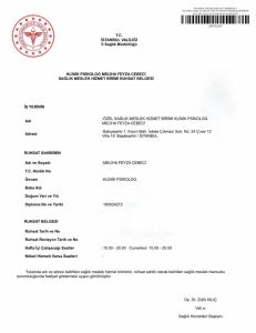 "T.C. Sağlık Bakanlığı İstanbul İl Sağlık Müdürlüğü Onaylı Klinik Psikolog Meliha Feyza Cebeci Çalışma Ruhsat Belgesi"